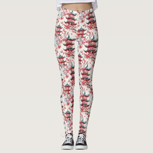 Leggings Arquitectura asiática tradicional con botánicos (Anverso)
