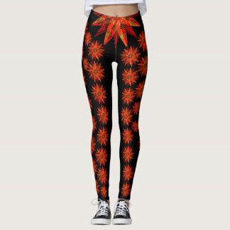 Leggings Art Deco Navidad Poinsettia Roja sobre Negro