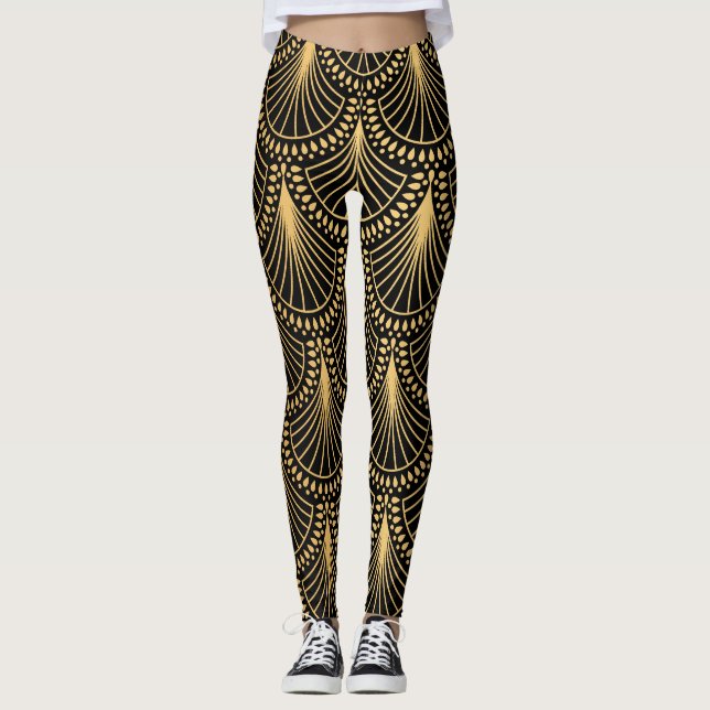 Leggings Art Deco, oro negro, patrón sin costuras. (Anverso)