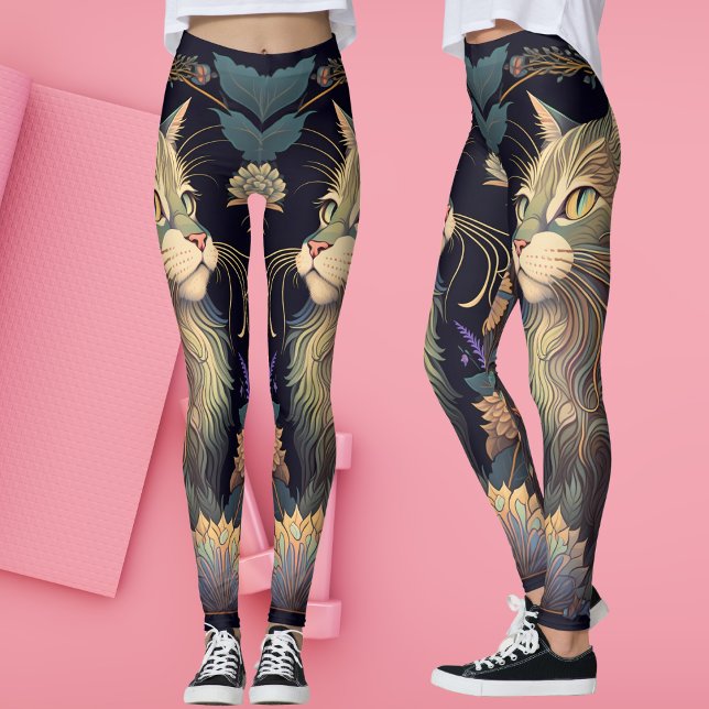 Leggings Art Deco Rosa Polvoriento Gato Amante del Yoga (Art Deco Cat Lover Yoga  Leggings)