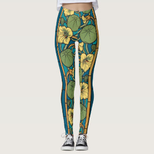 Leggings Art Nouveau Nasturtium Azul Dorado floral Verneuil