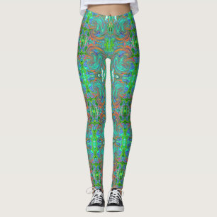 Leggings Arte abstracto retro groovy de Aqua, Naranja y Ver