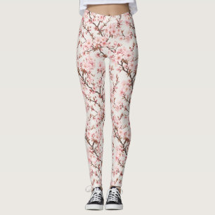Leggings Arte botánico de flor de cerezo aéreo