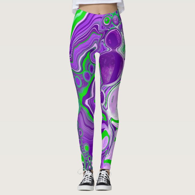Leggings Arte con fluido de mármol verde púrpura y lima (Anverso)