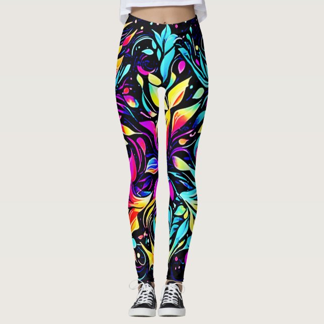 Leggings Arte de explosión floral neón (Anverso)
