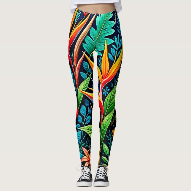 Leggings Arte de Floración de Hojas Tropicales (Anverso)