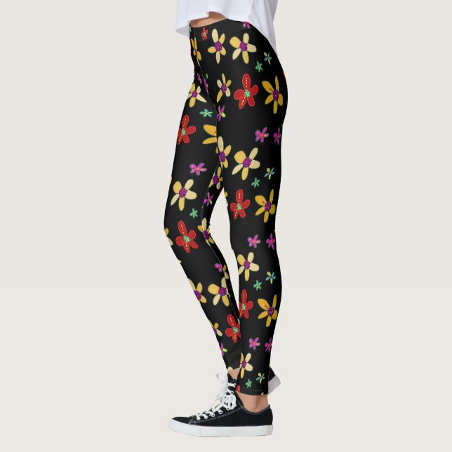 Leggings Arte de flores dibujadas a mano sobre negro (Izquierda)