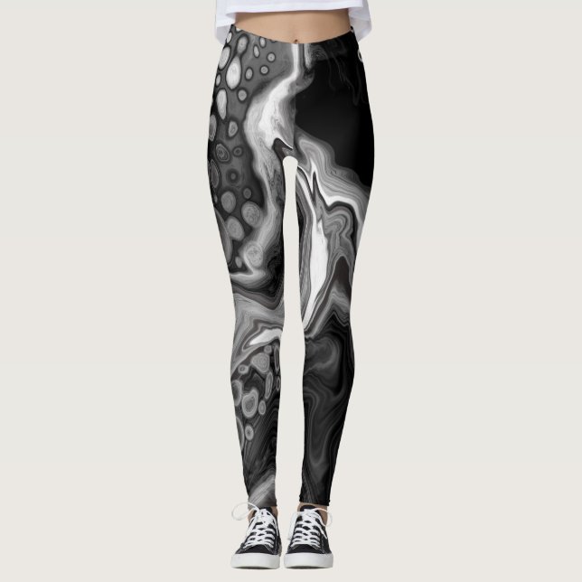 Leggings Arte de fluido digital de mármol blanco y negro (Anverso)