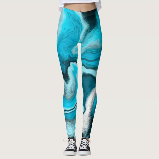 Leggings Arte de fluidos de mármol azul, negro y blanco (Anverso)