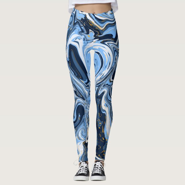 Leggings Arte de fluidos de mármol azul y blanco (Anverso)