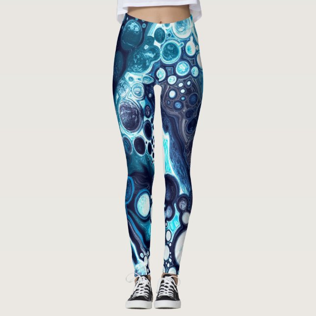 Leggings Arte de fluidos de mármol azul y blanco (Anverso)