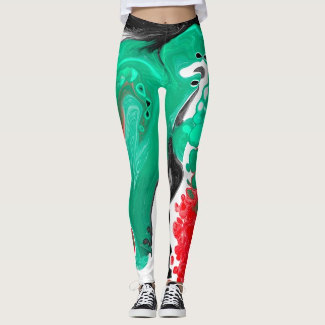 Leggings Arte de fluidos de mármol rojo, verde, negro y bla (Anverso)