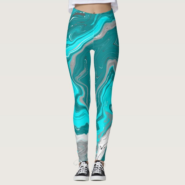 Leggings Arte de fluidos de mármol turquesa y Verde azulado (Anverso)
