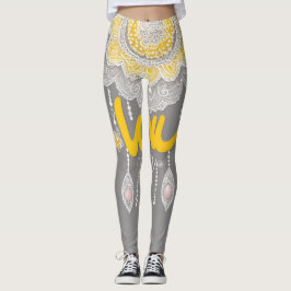 Leggings Arte de IA de encaje mandala gris y amarillo chic