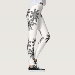 Leggings Arte de la Línea Blanca Negra con Flores de Tatuaj