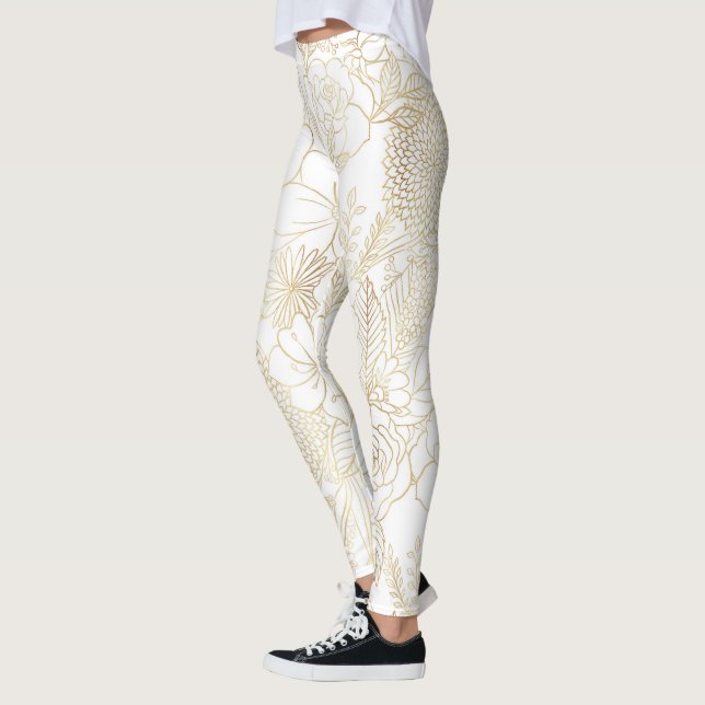 Leggings Arte de línea de Doodles Florales Blancas de Oro M (Izquierda)