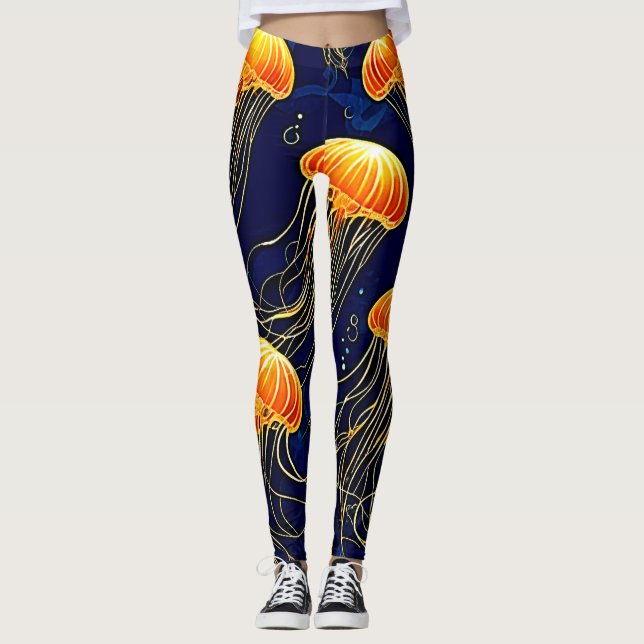Leggings Arte de patrón de medusas naranja (Anverso)