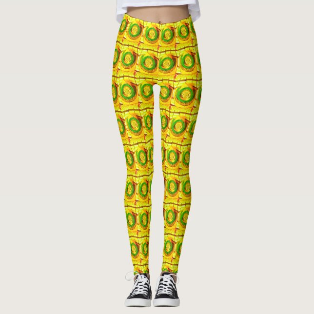 Leggings arte de patrón de rosa amarillo dorado tradicional (Anverso)