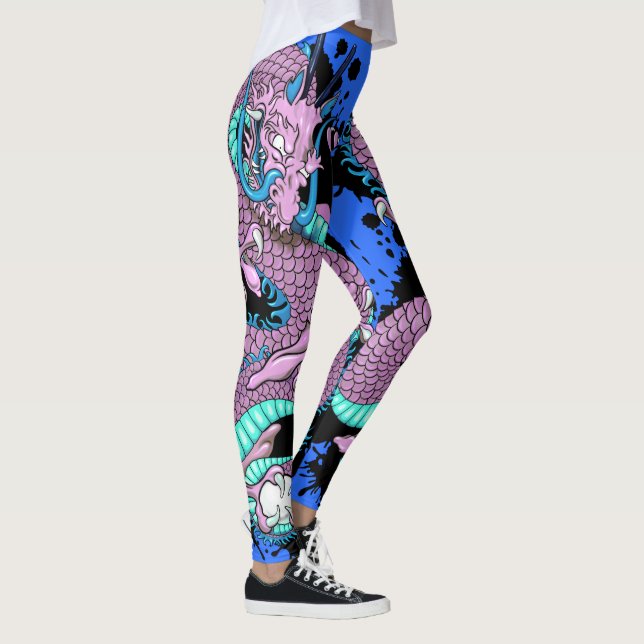 Leggings Arte de Tatuaje de Dragón con Salpicaduras Purpura (Derecha)