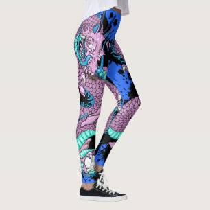Leggings Arte de tatuaje de dragón violeta sobre azul eléct