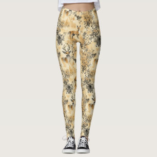 Leggings Arte de zorro botánico de lujo negro y dorado (5)