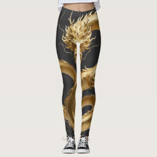 Leggings Arte del Dragón Chino Dorado Fantasía de Criatur