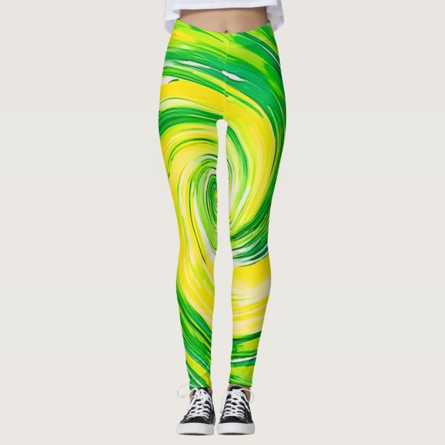 Leggings Arte en espiral abstracto verde amarillo (Anverso)