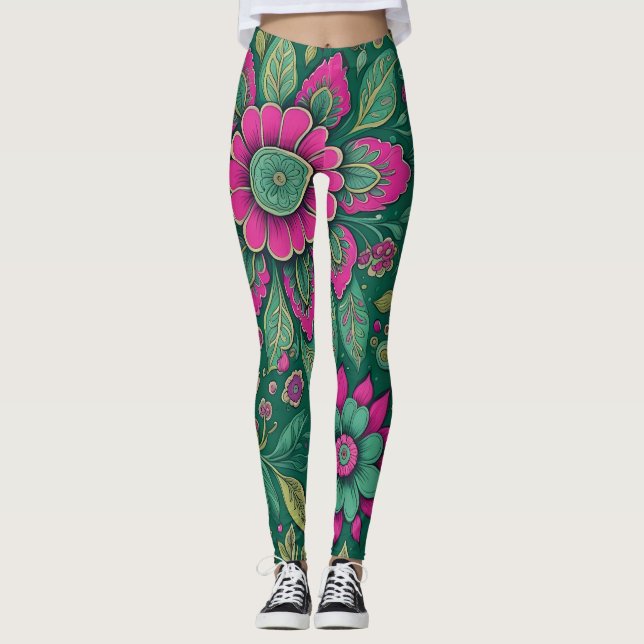 Leggings Arte floral clásico Estilo de cosecha verde rosa (Anverso)