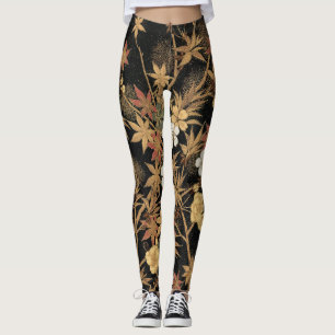 Leggings Arte Floral de Otoño Vintage Japonés Negro Dorado