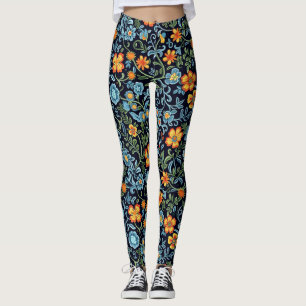 Leggings Arte floral intrincado: flores azules y naranjas