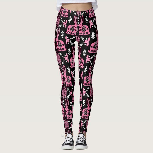 Leggings Arte folclórico nórdico escandinavo conejo (Anverso)
