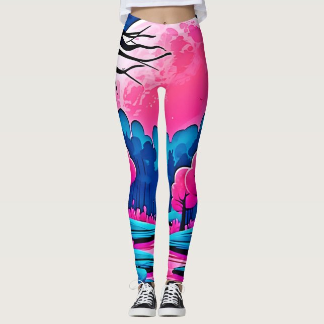 Leggings Arte forestal iluminado por luna rosa (Anverso)