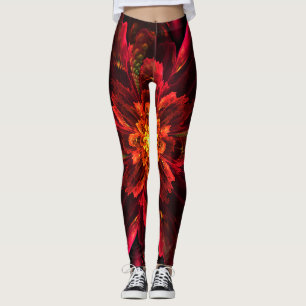 Leggings Arte fractal de flores rojas
