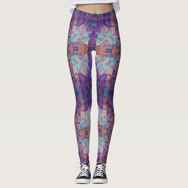 Leggings Arte geométrico de mosaico rojo violeta turquesa (Anverso)