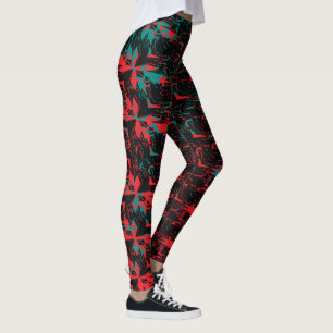 Leggings Arte Glitch Rojo y Floral Repetido Teal