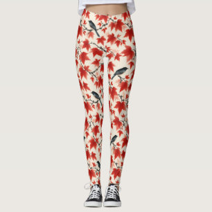 Leggings Arte japonés de arce y pájaros de otoño