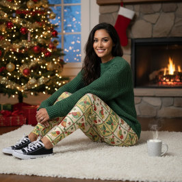 Leggings Arte Popular Navideño Vintage Pájaros y Bayas de A