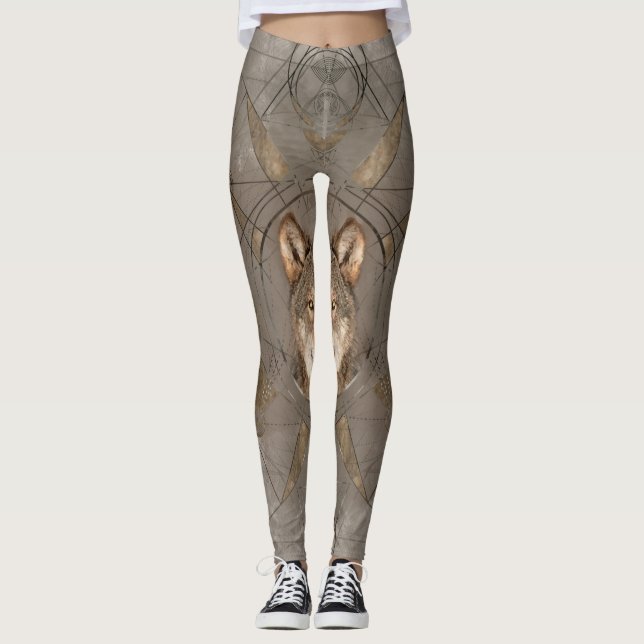 Leggings Arte sagrado de Digitaces de la geometría del lobo (Anverso)