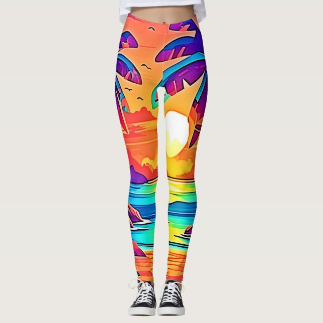 Leggings Arte vibrante de puesta de sol tropical (Anverso)
