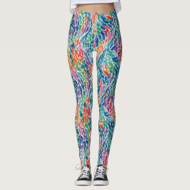 Leggings Artesanal Colorido Plumas Acuarela Pintura 