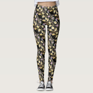 Leggings Arum Lily Artistic Floral Design On Black