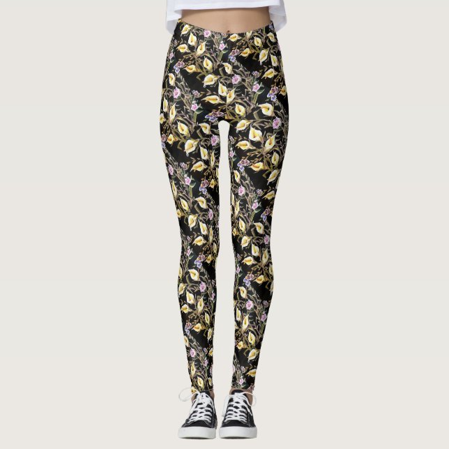 Leggings Arum Lily Artistic Floral Design On Black (Anverso)