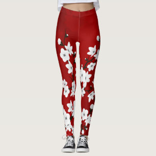 Leggings Asia Floral White Cherry Blossom Red