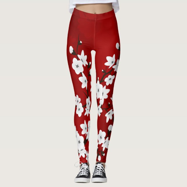 Leggings Asia Floral White Cherry Blossom Red (Anverso)