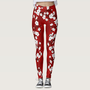 Leggings Asia Floral White Cherry Blossom Red