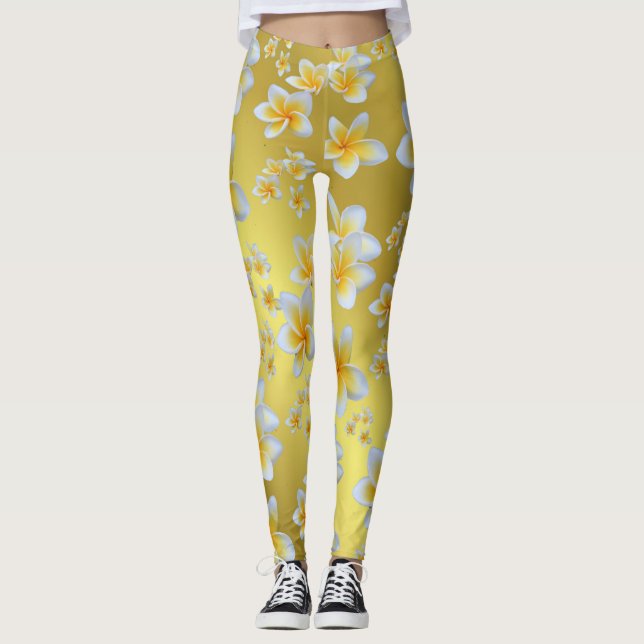 Leggings asiático, amarillo, blanco, floral, brillante, dor (Anverso)