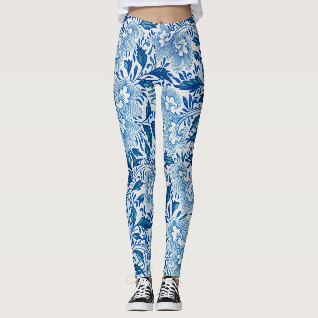 Leggings Asombroso estilo asiático floral azul y blanco (Anverso)