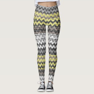 Leggings Aspecto de Burlap Patrón de Chevena blanco amarill