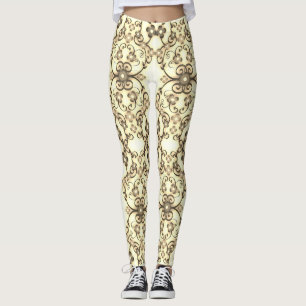 Leggings Aspecto de encaje de flores Sepia dorada