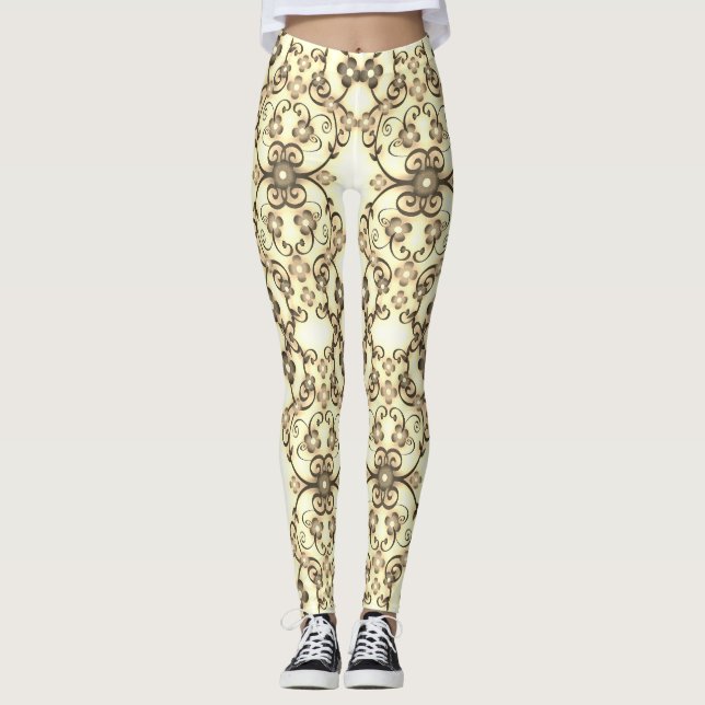 Leggings Aspecto de encaje de flores Sepia dorada (Anverso)